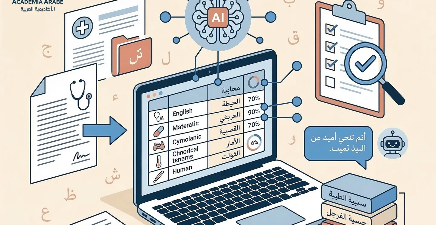 Ilustración de un portátil con una tabla de términos médicos en inglés y en árabe, junto a un icono de inteligencia artificial y una lista de comprobación