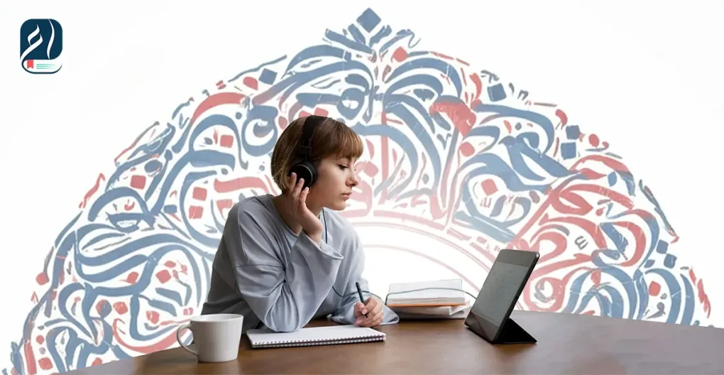 Auriculares sobre un cuaderno con apuntes de árabe