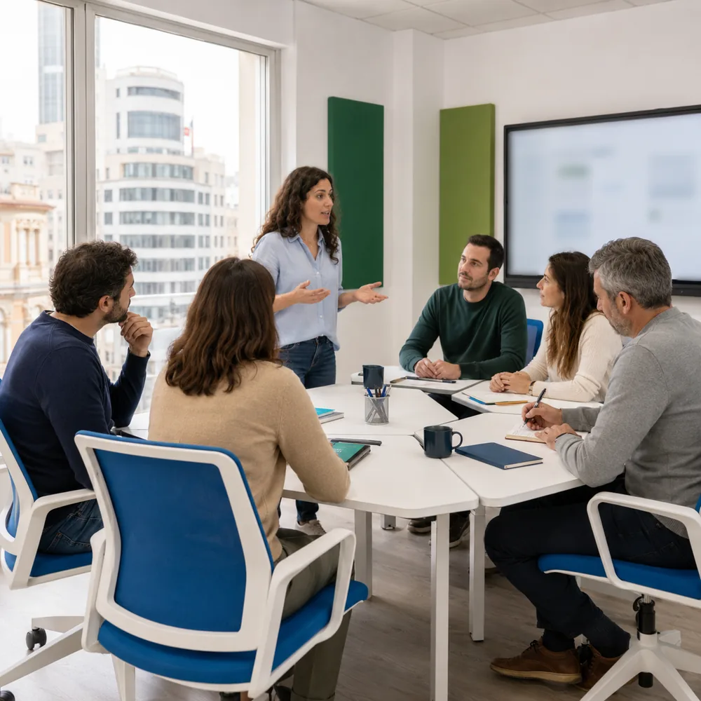 Una alumna de pie explica su idea al resto del grupo en el aula de conversación de árabe de Gran Vía