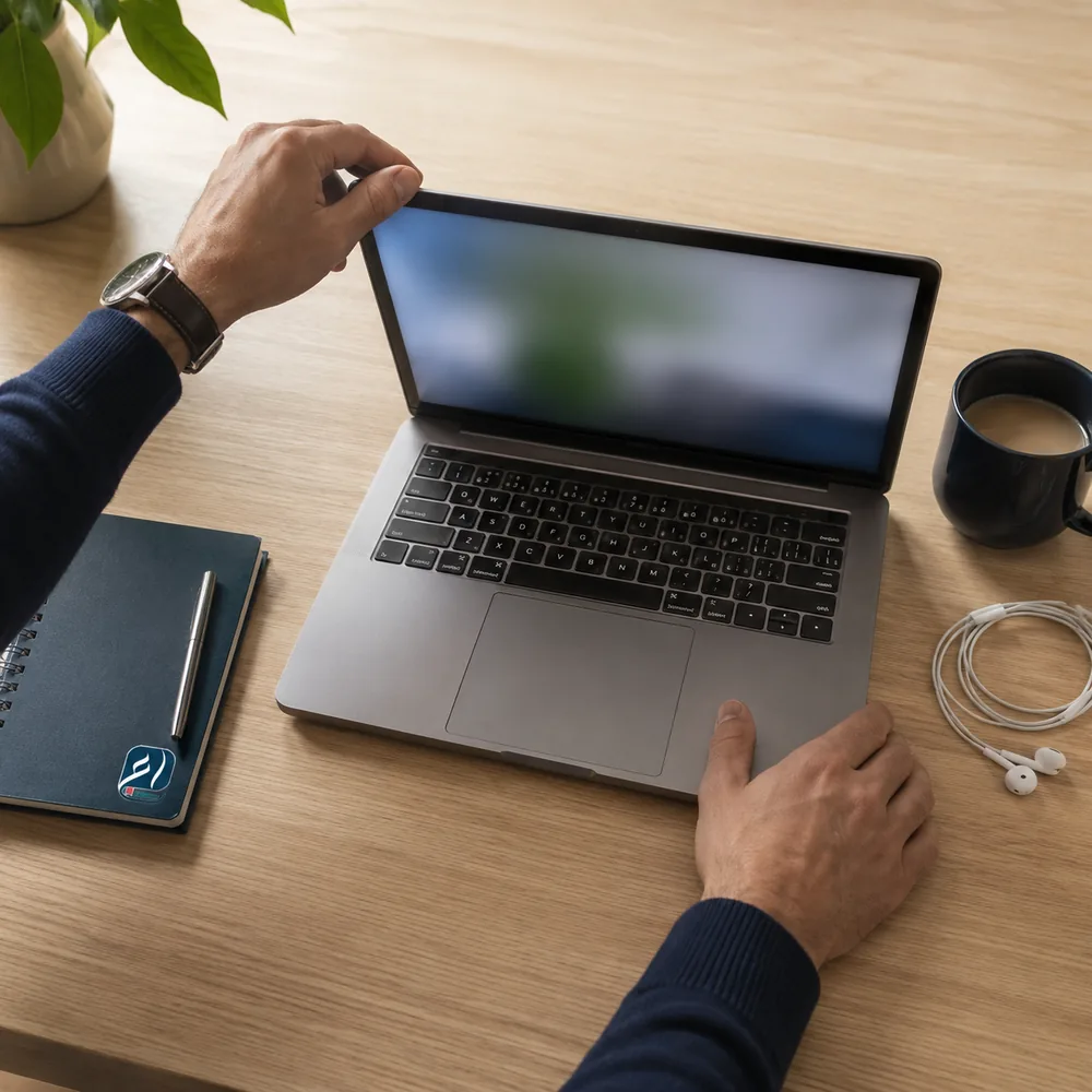 Un alumno abre el portátil para entrar a su clase de árabe online, con el cuaderno y los auriculares al lado
