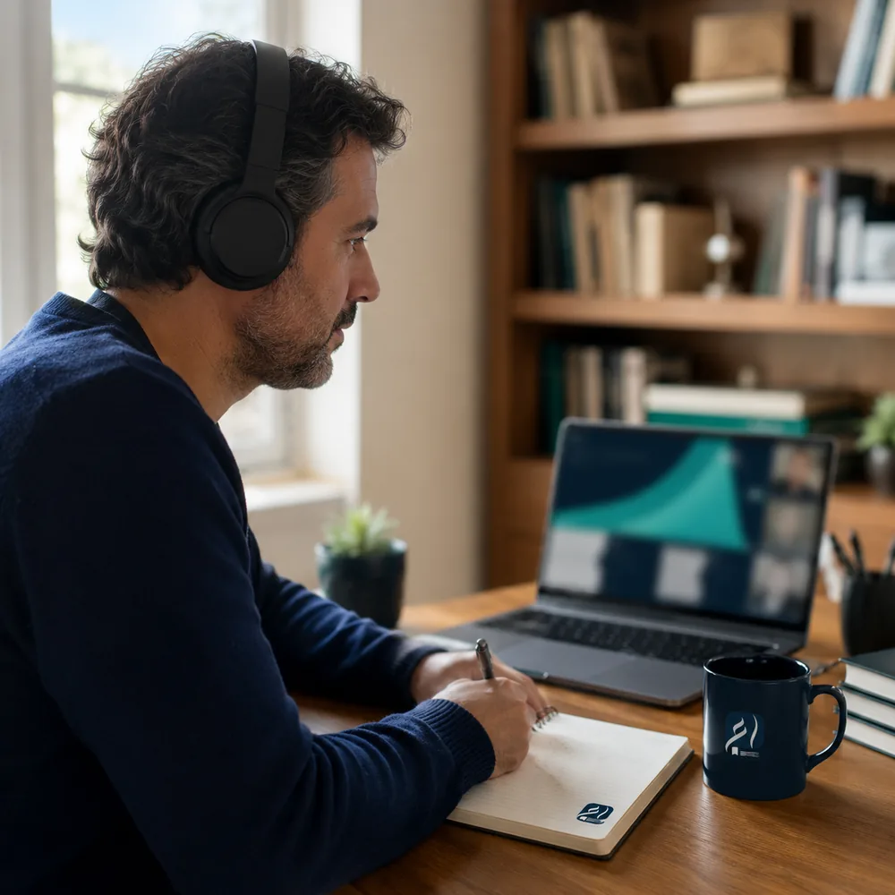 Un alumno escucha con auriculares y va tomando notas durante su clase de conversación de árabe online