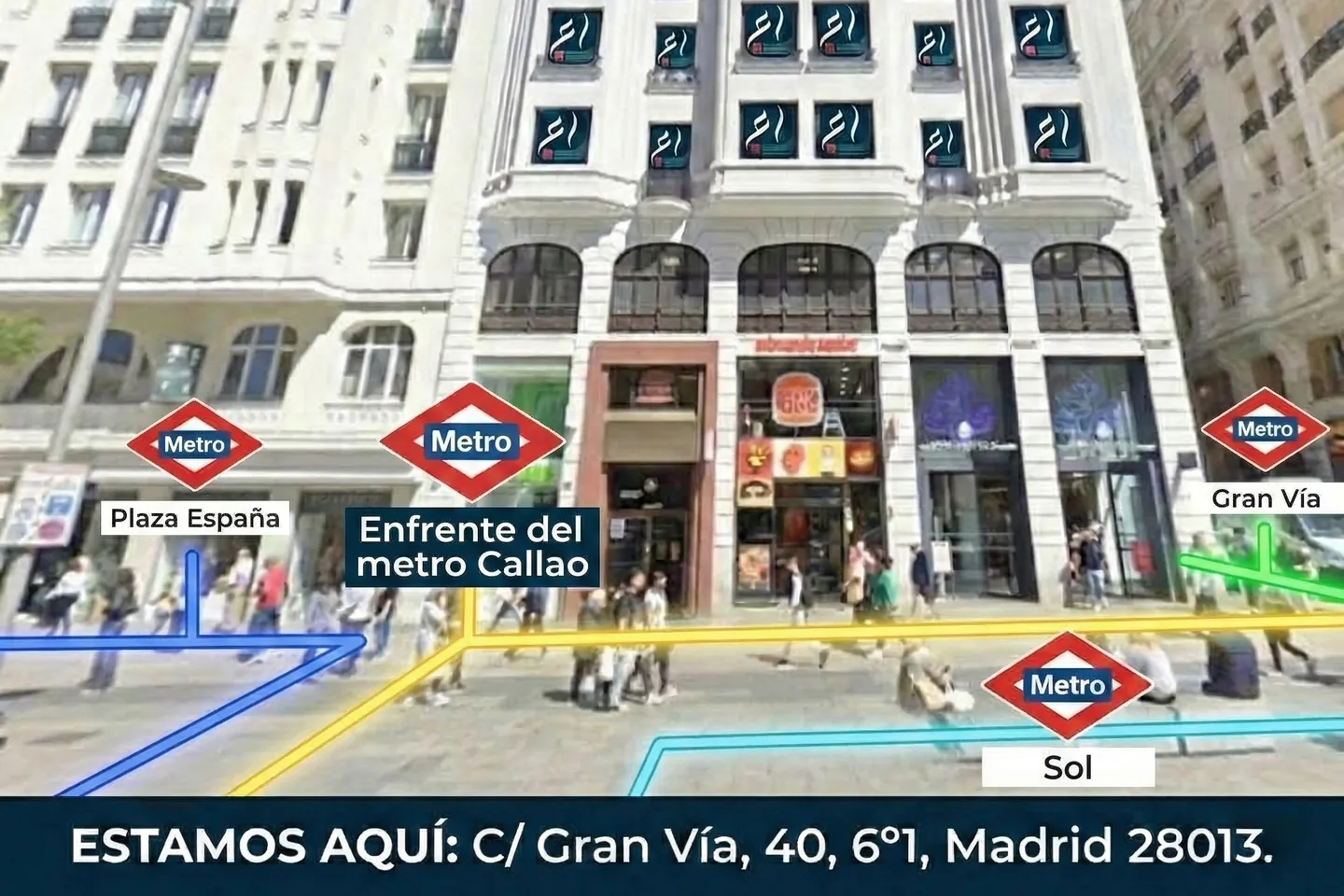 La planta baja de Gran Vía 40 con el portal de oficinas junto al Burger King, las bocas de metro de Callao, Plaza de España, Gran Vía y Sol señaladas, y el rótulo «Estamos aquí: C/ Gran Vía, 40, 6.º 1, Madrid 28013»