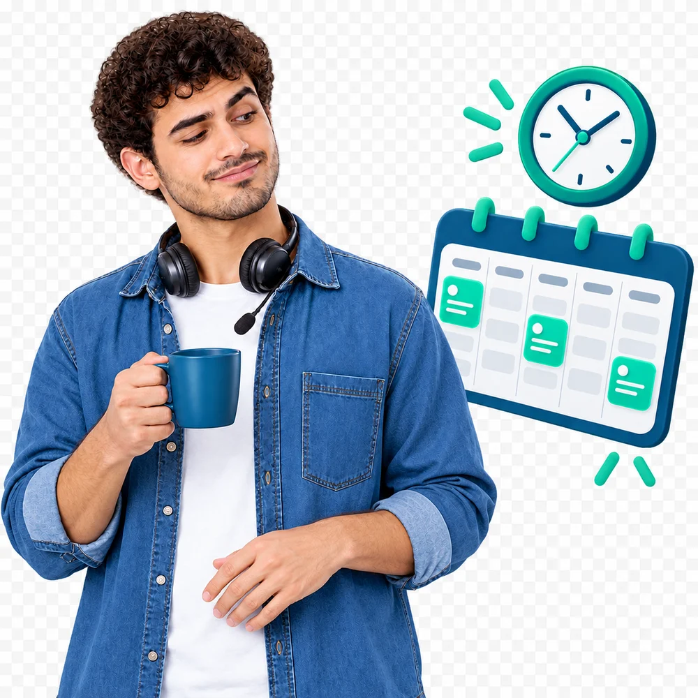 El alumno, tranquilo con su taza, junto al calendario de su grupo con sus tres clases semanales a la misma hora