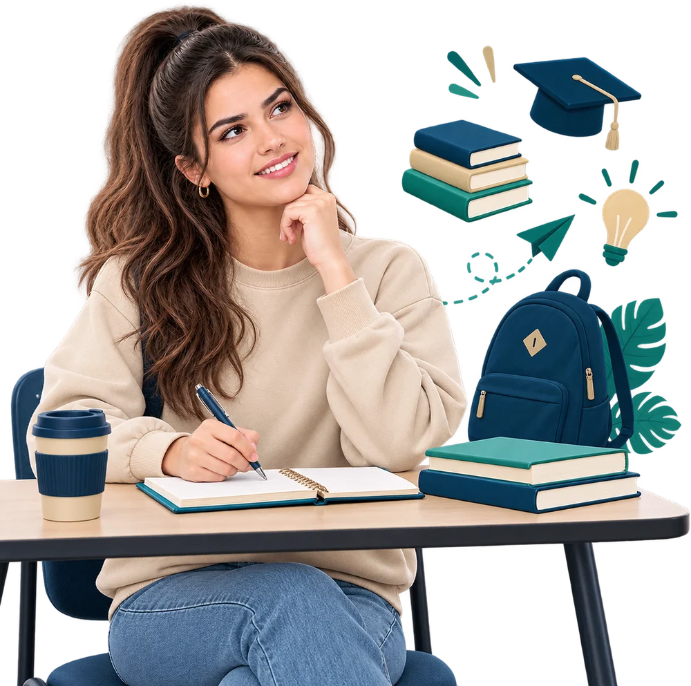La alumna en el aula, sentada a la mesa con su cuaderno