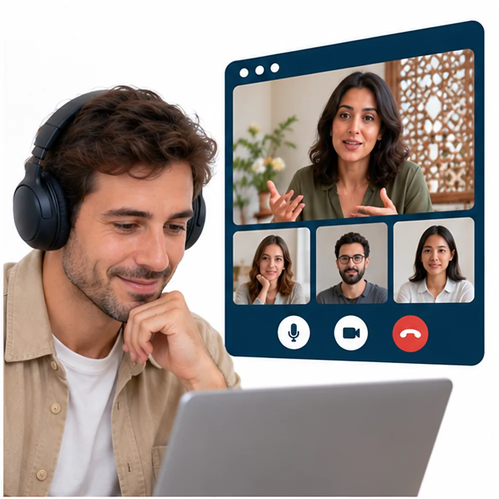 El alumno escucha con auriculares a su profesora levantina, que explica en directo en la videollamada del grupo