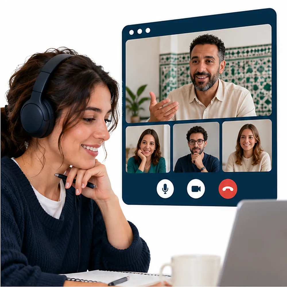 La alumna escucha con auriculares a su profesor marroquí, que explica en directo en la videollamada del grupo