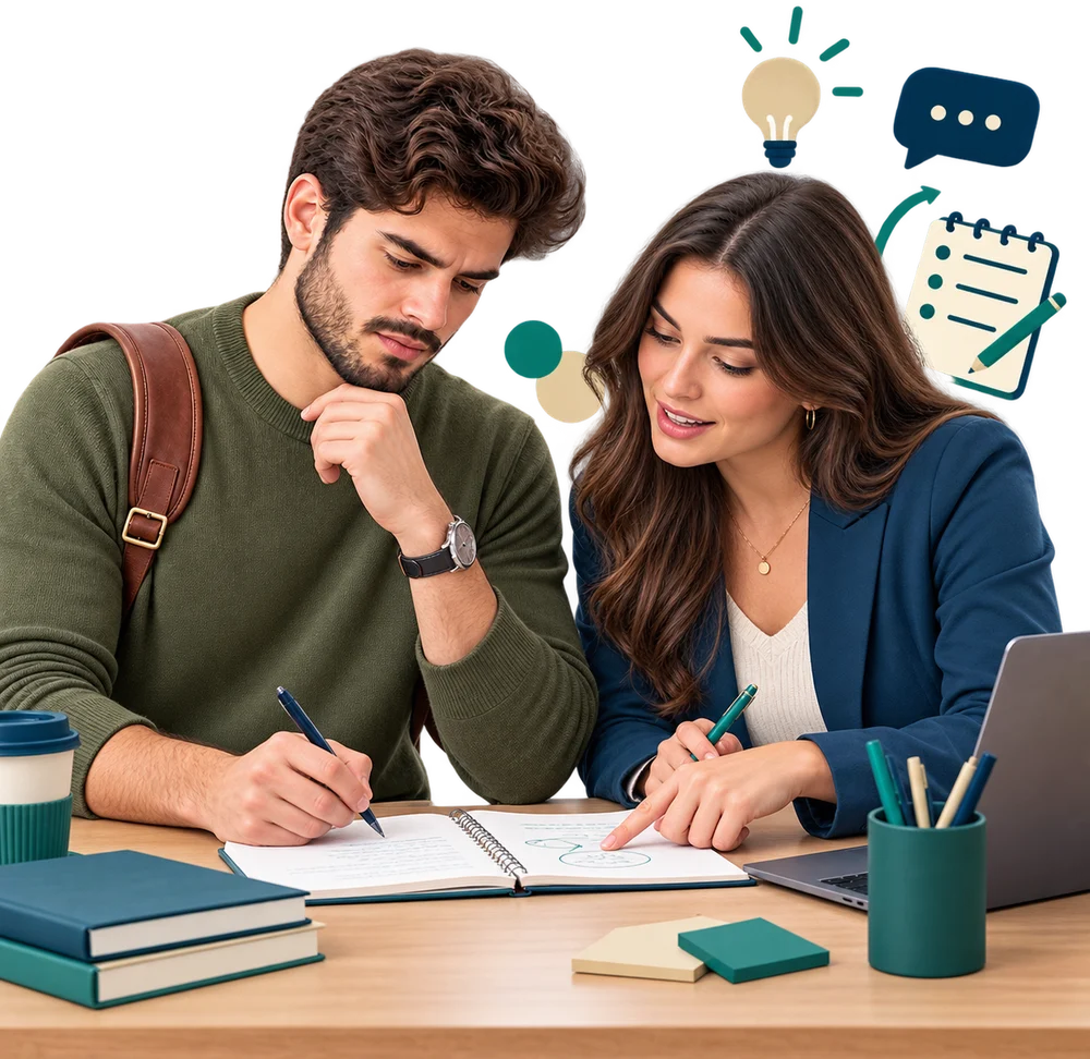 El alumno y su profesora, sentados a la misma mesa y a la misma altura, trabajando sobre el cuaderno