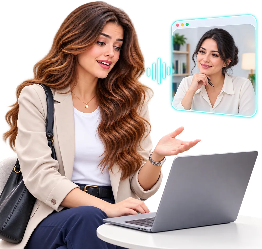 La alumna en clase por videoconferencia con su profesora, que la escucha y la corrige en directo