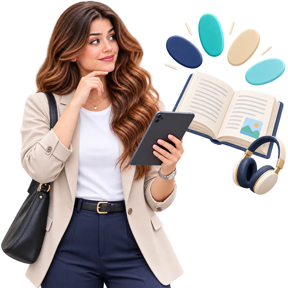 La alumna con su tableta y el libro abierto, eligiendo entre árabe estándar y los dialectos