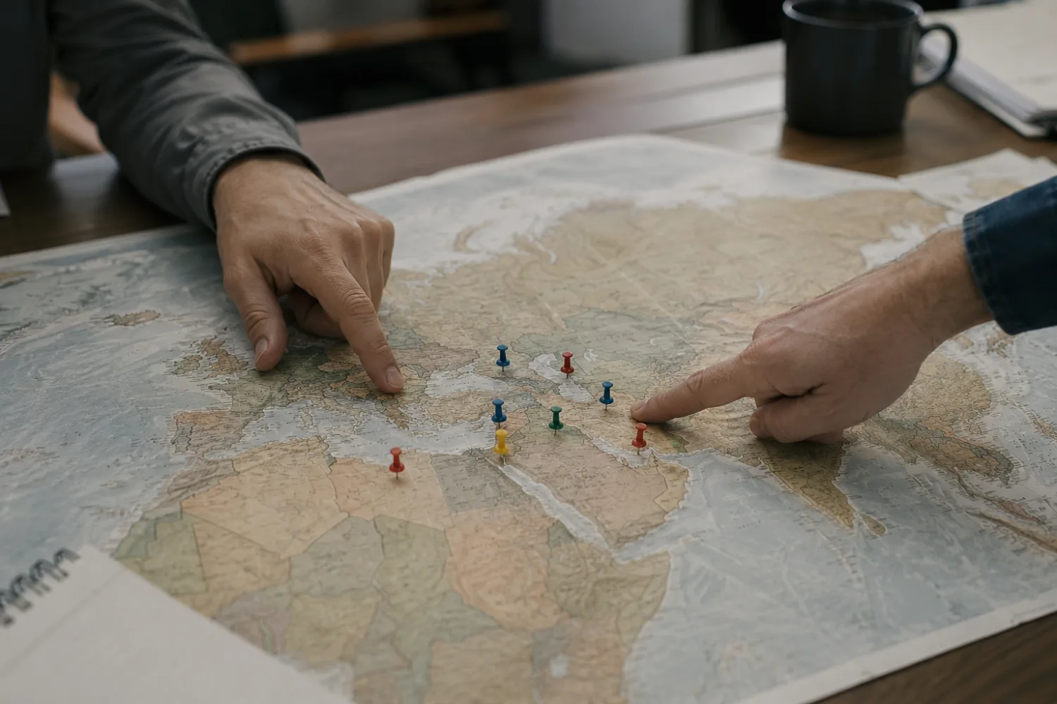 Dos manos señalan un mapa desplegado sobre una mesa, con chinchetas de colores clavadas en varios países
