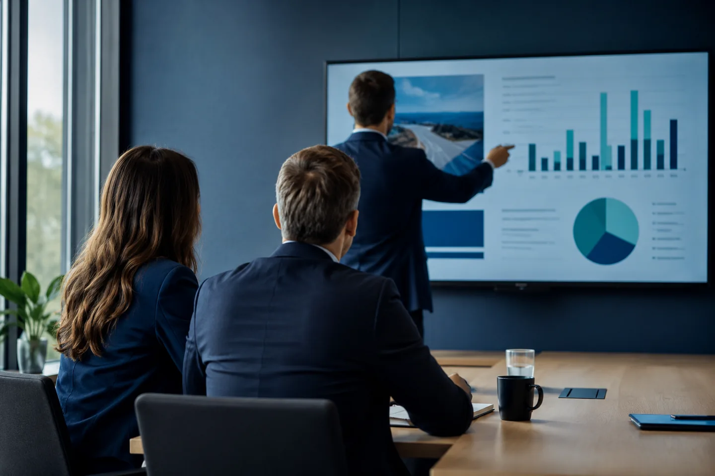 Una reunión de trabajo: alguien de pie señala unas gráficas en una pantalla