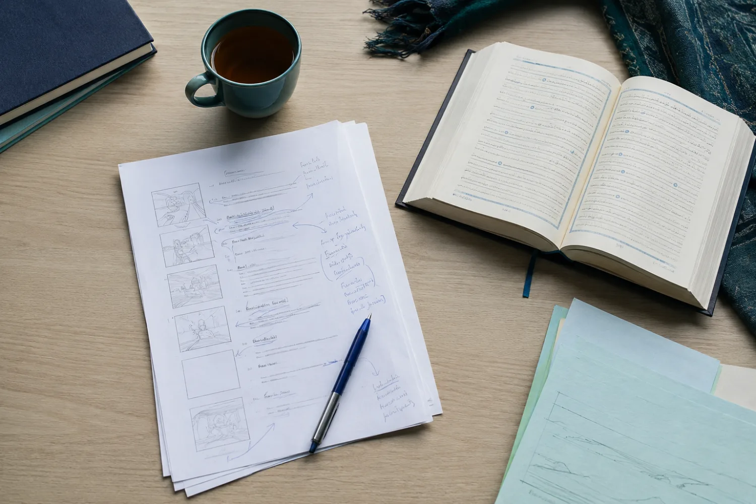 Un guion impreso con anotaciones a mano en los márgenes, junto a un libro abierto y una taza de té