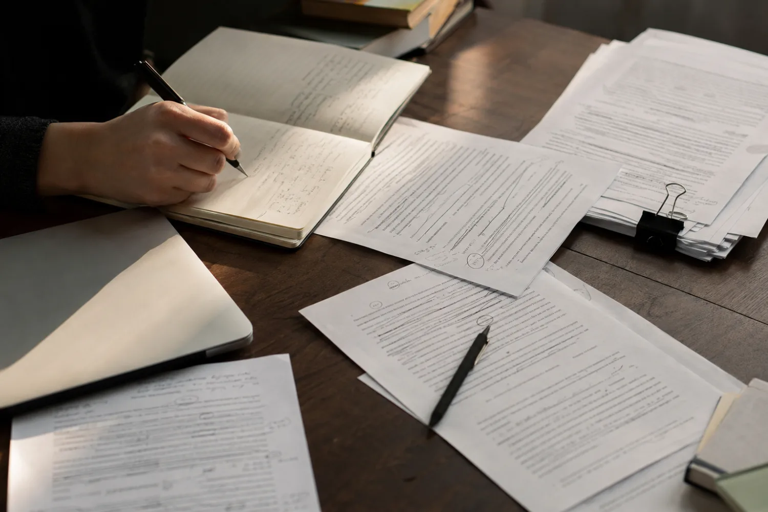 Una mano escribe en un cuaderno rodeada de varias versiones impresas del mismo texto, corregidas a mano