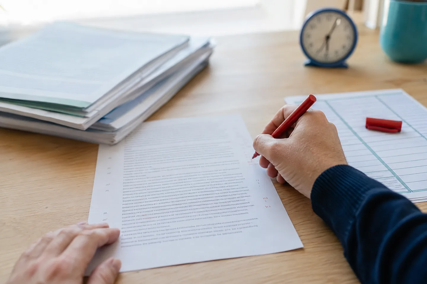 Unas manos corrigen un examen con bolígrafo rojo, junto a una pila de exámenes