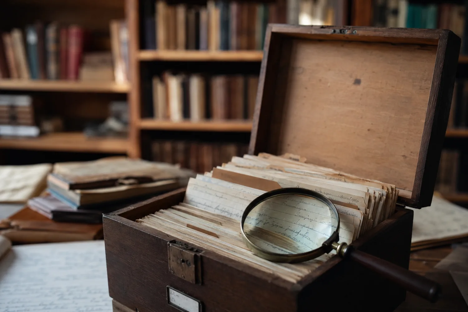 Un archivador de fichas manuscritas abierto, con una lupa encima, delante de las estanterías de una biblioteca