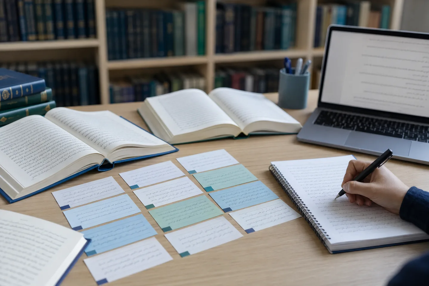 Una mesa de trabajo con libros abiertos en árabe y fichas de terminología ordenadas en filas