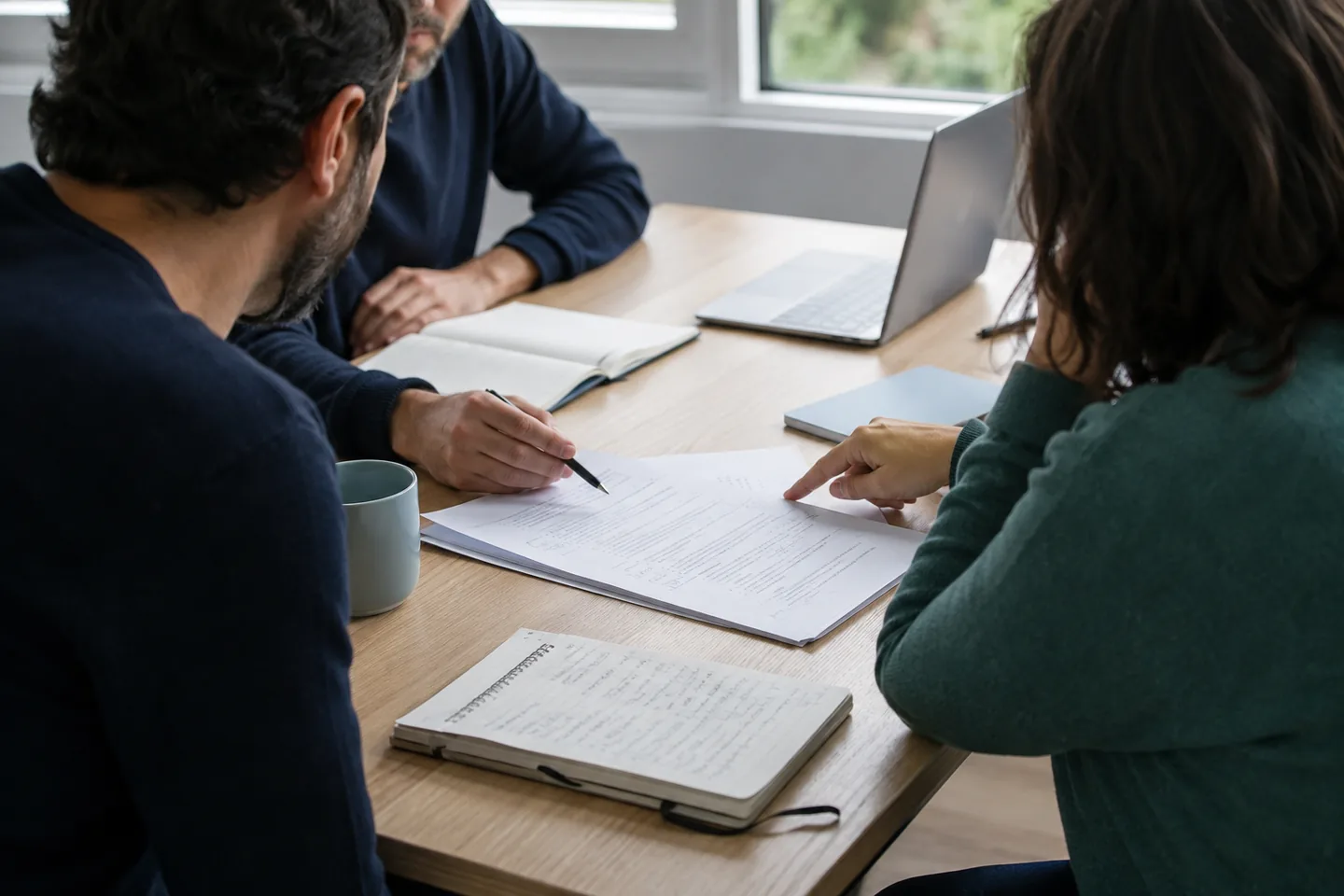 Un grupo de profesores trabajando alrededor de una mesa, con documentos y un portátil delante