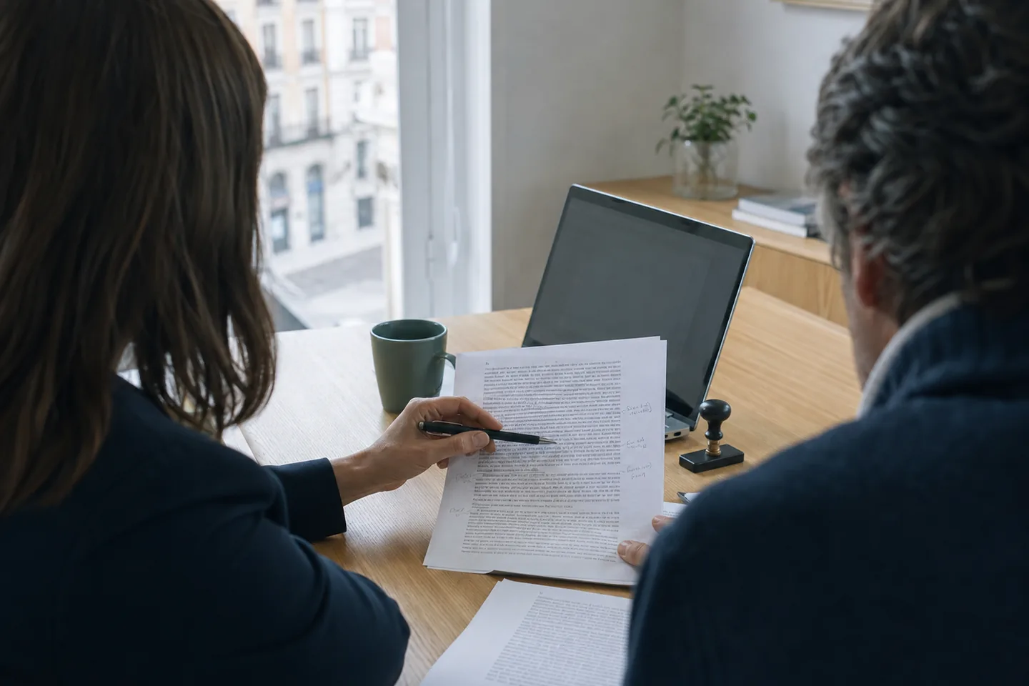 Dos traductores revisando un documento anotado sobre una mesa, con el sello de la traducción jurada al lado